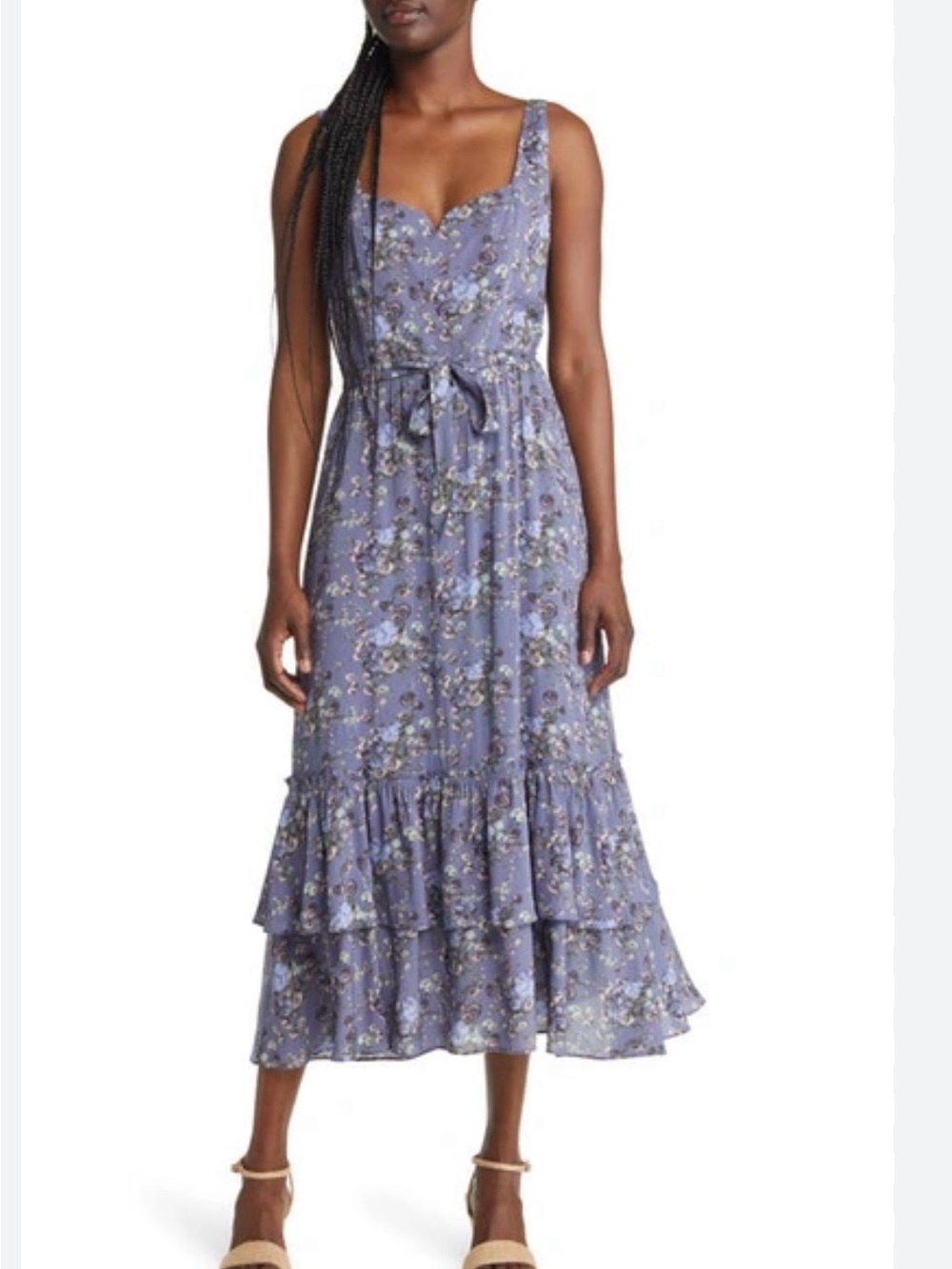 PAIGE Michelada Lavender Floral Tiered Midi Dress with Tie Waist